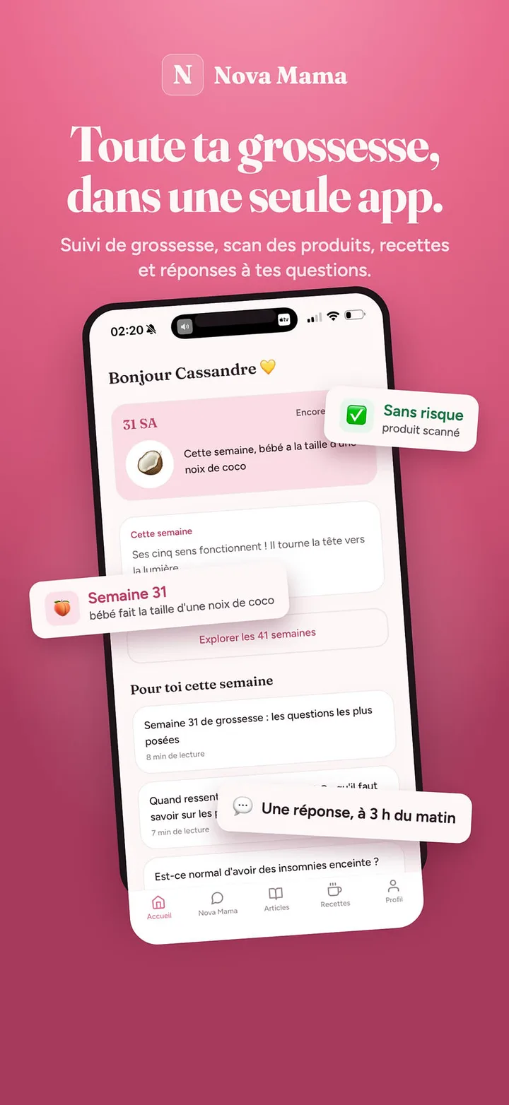 Écran d'accueil de Nova Mama, application de suivi de grossesse : semaine 31, taille de bébé et conseils personnalisés